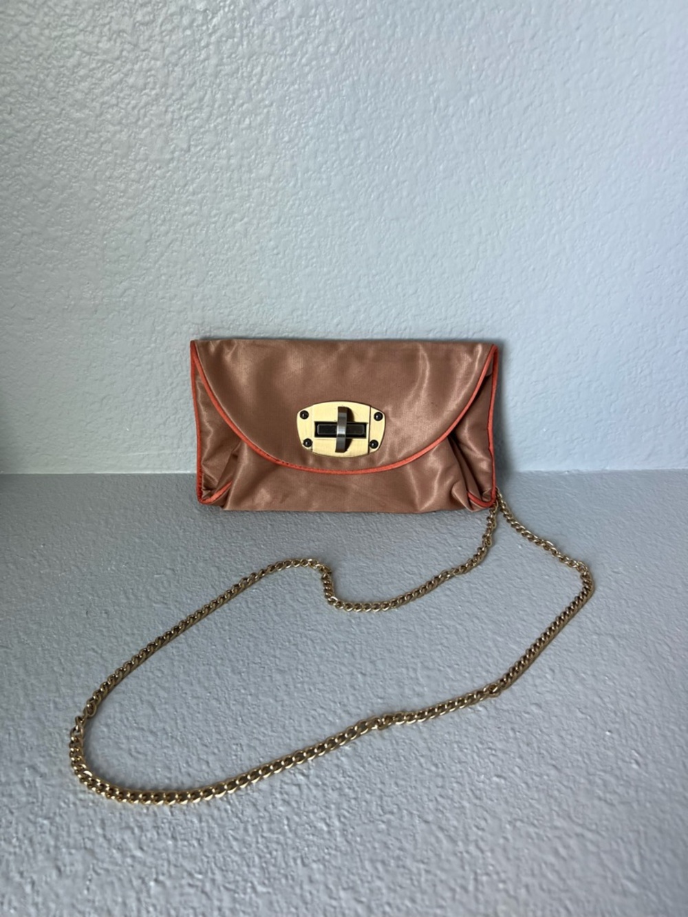 J. Crew Satin Bronze Clutch with Orange Trim